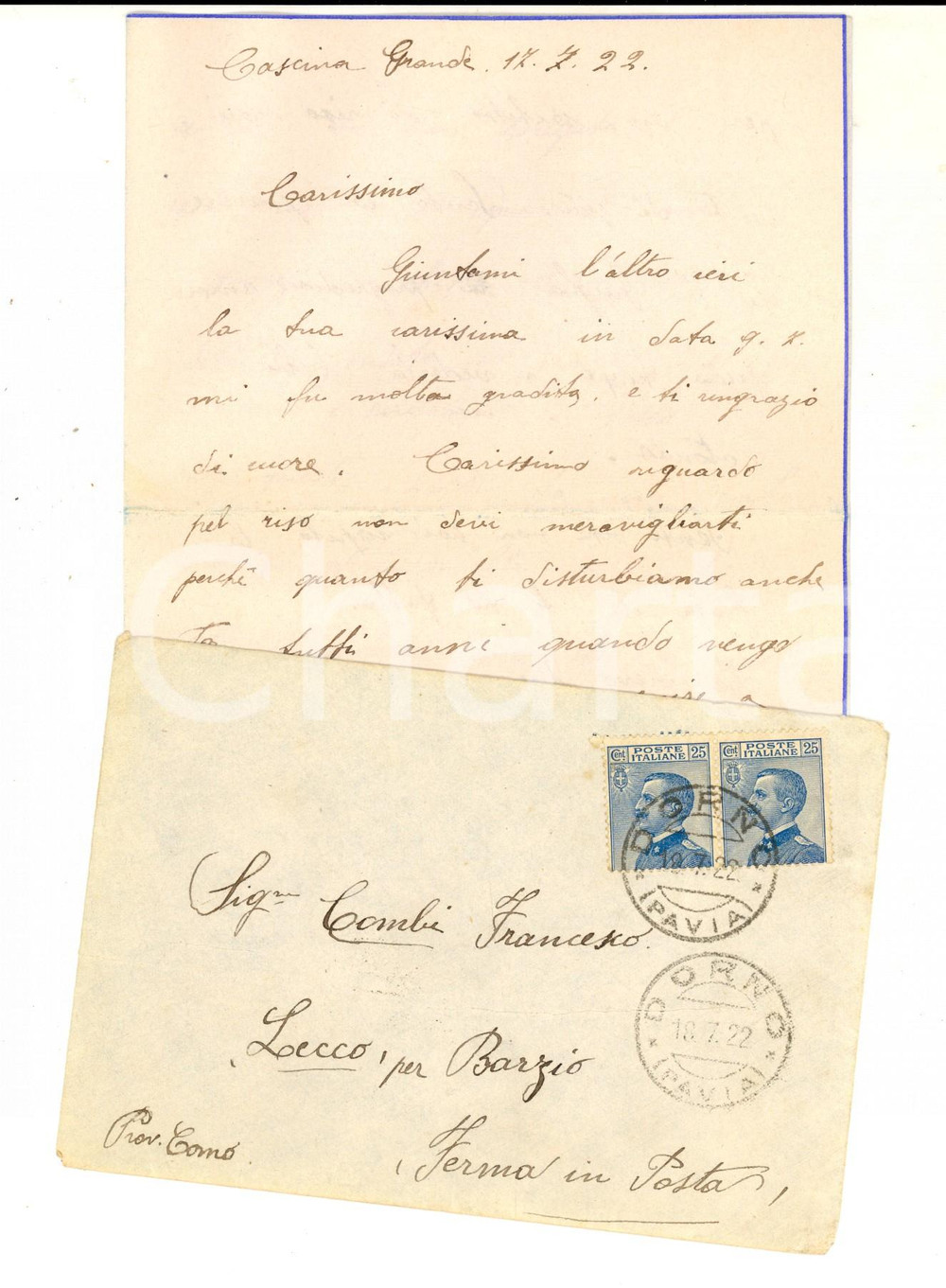 Manoscritto, lettera originale 1922 STORIA POSTALE Lettera a Francesco COMBI Cent. 25 Michetti DORNO per BARZIO 1