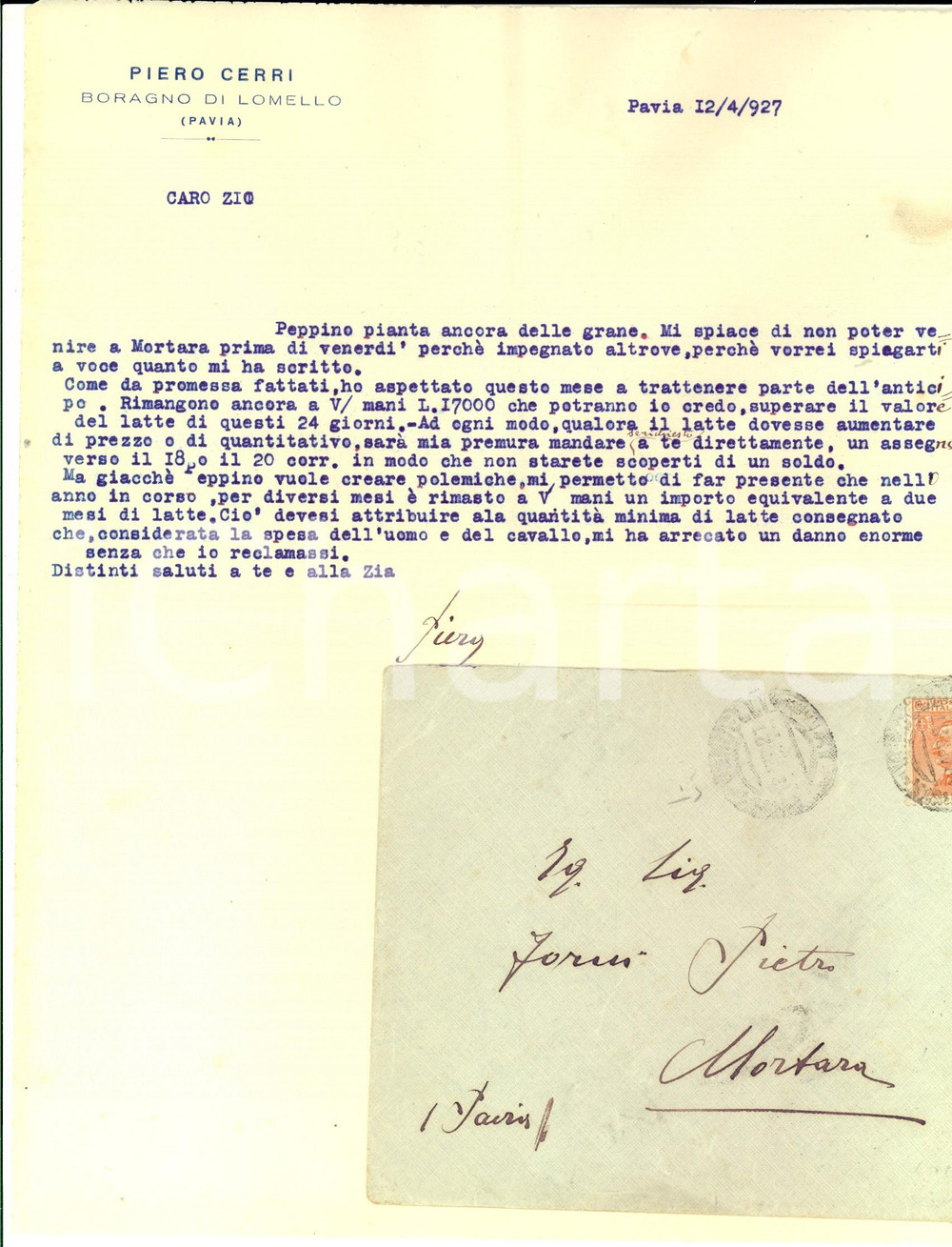 Documento originale, autentico 1927 BORAGNO DI LOMELLO PV Lettera proprietario terriero Pietro CERRI allo zio 1