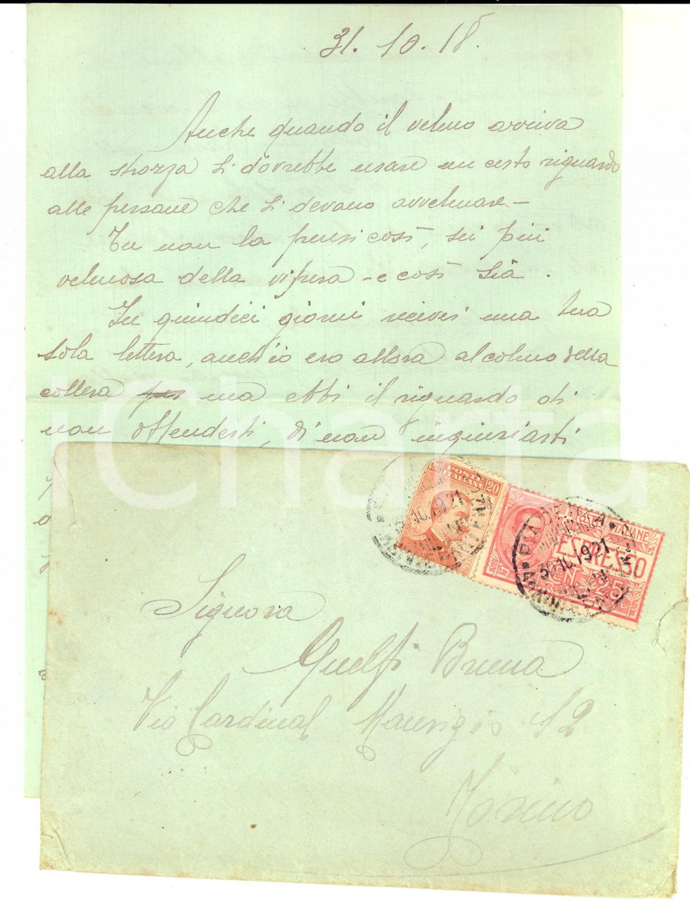 Manoscritto, lettera originale 1918 TORINO Sei piÃ¹ velenosa della vipera Lettera Umberto GUELFI alla moglie 1