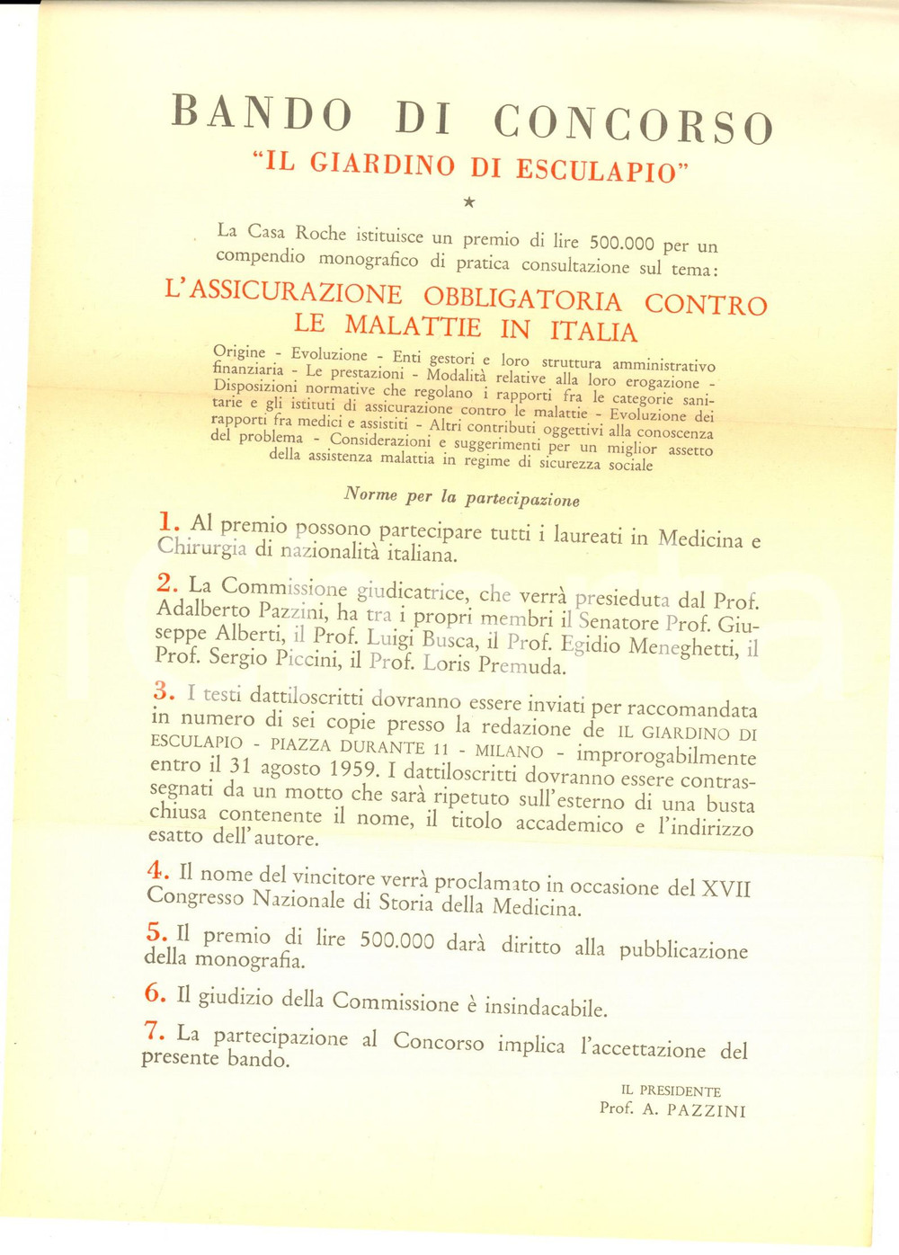 Materiale pubblicitario d’epoca 1959 MILANO Farmaceutica ROCHE  Bando di concorso IL GIARDINO DI ESCULAPIO 1