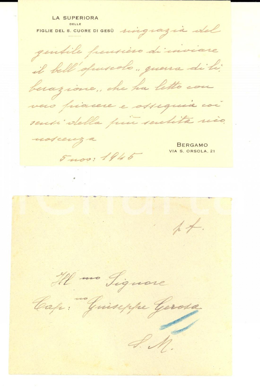 Oggetto da collezione cartaceo 1945 BERGAMO FIGLIE DEL S. CUORE DI GESU  Biglietto ringraziamenti superiora 1