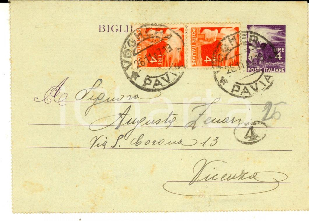 Documento originale, autentico 1947 STORIA POSTALE VOGHERA Biglietto postale affrancato Lire 4 viola arancio 1