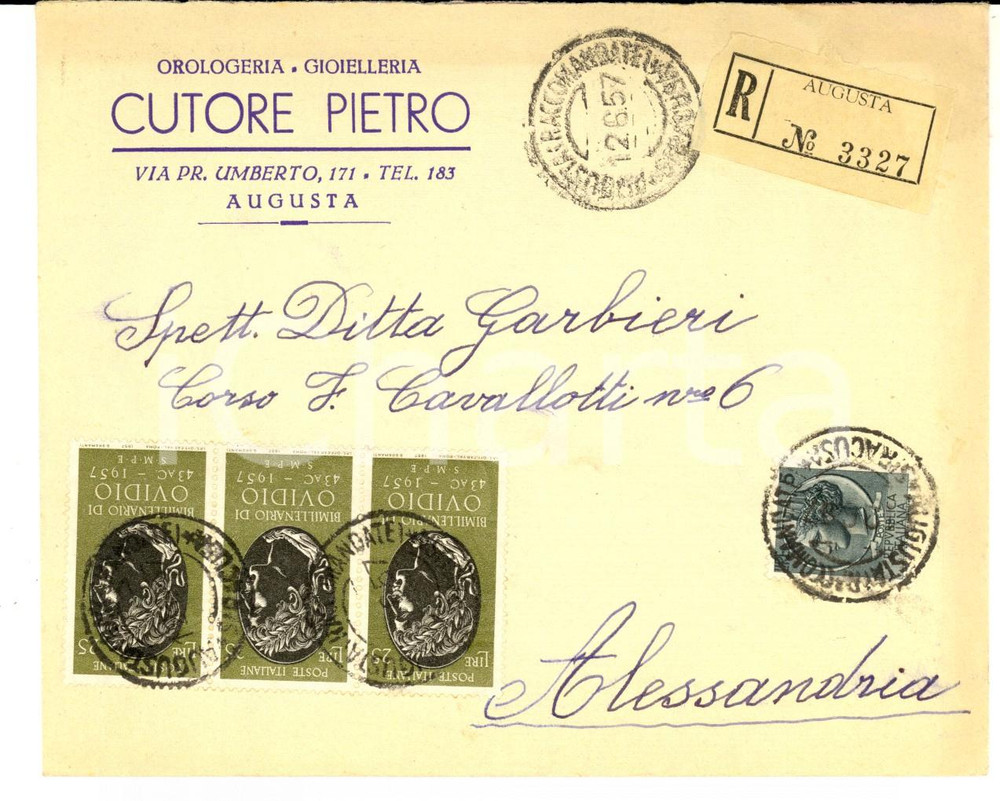 Manoscritto, lettera originale 1957 STORIA POSTALE AUGUSTA Busta Pietro CUTORE orologeria Bimillenario OVIDIO 1