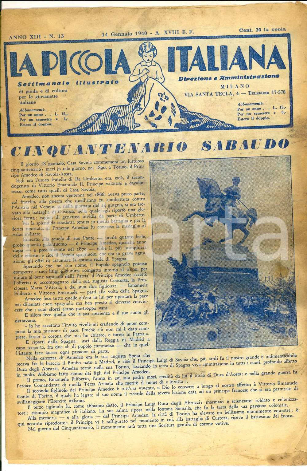 Giornale, rivista storica 1940 LA PICCOLA ITALIANA Cinquantenario sabaudo Rivista DANNEGGIATA nÂ° 13 1