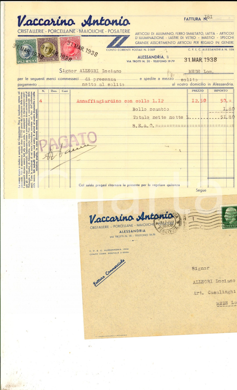 Oggetto da collezione cartaceo 1938 ALESSANDRIA Antonio VACCARINO Cristallerie e porcellane Fattura intestata 1