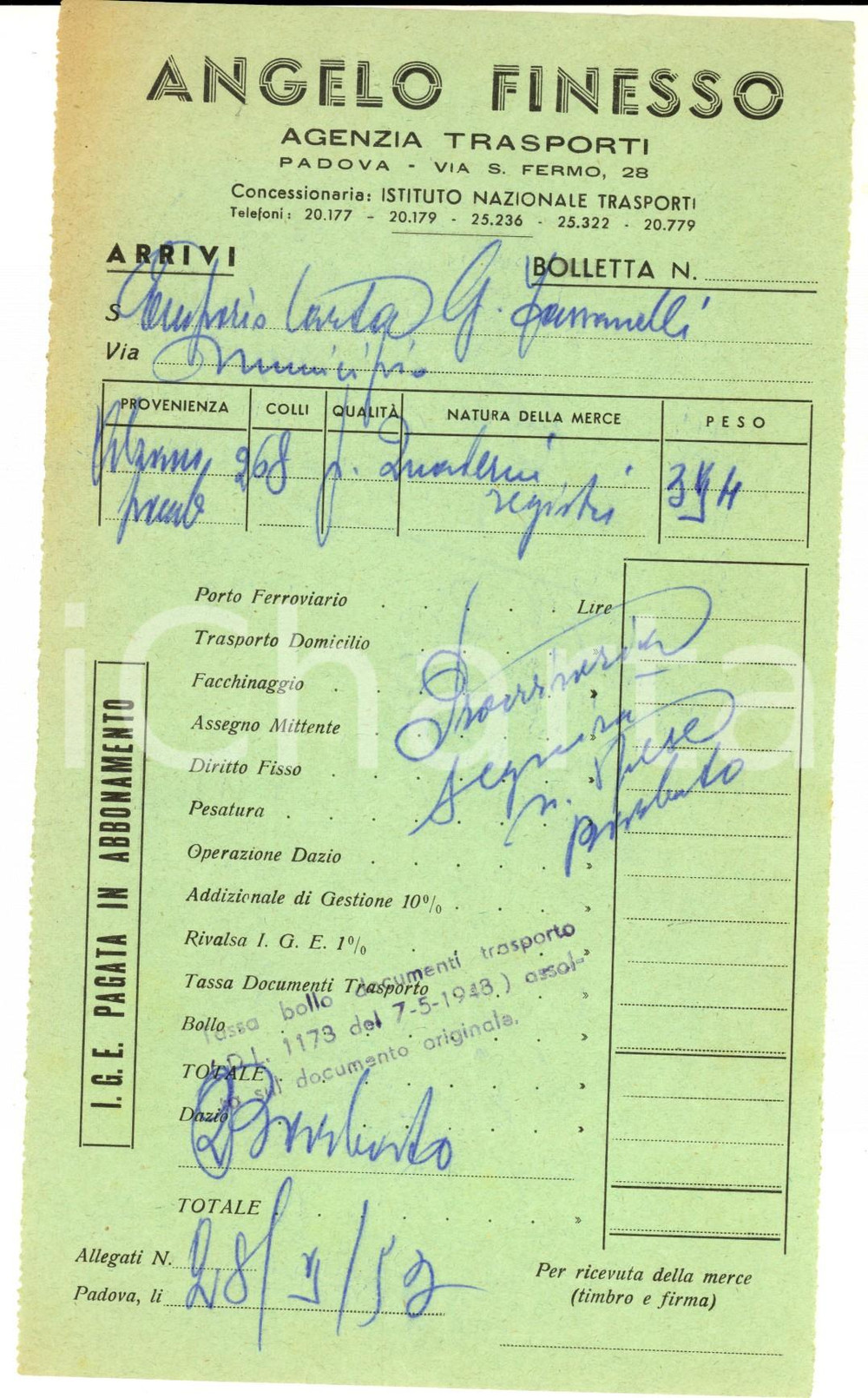 Documento originale, autentico 1953 PADOVA Agenzia Trasporti ANGELO FINESSO  Bolletta arrivi 1
