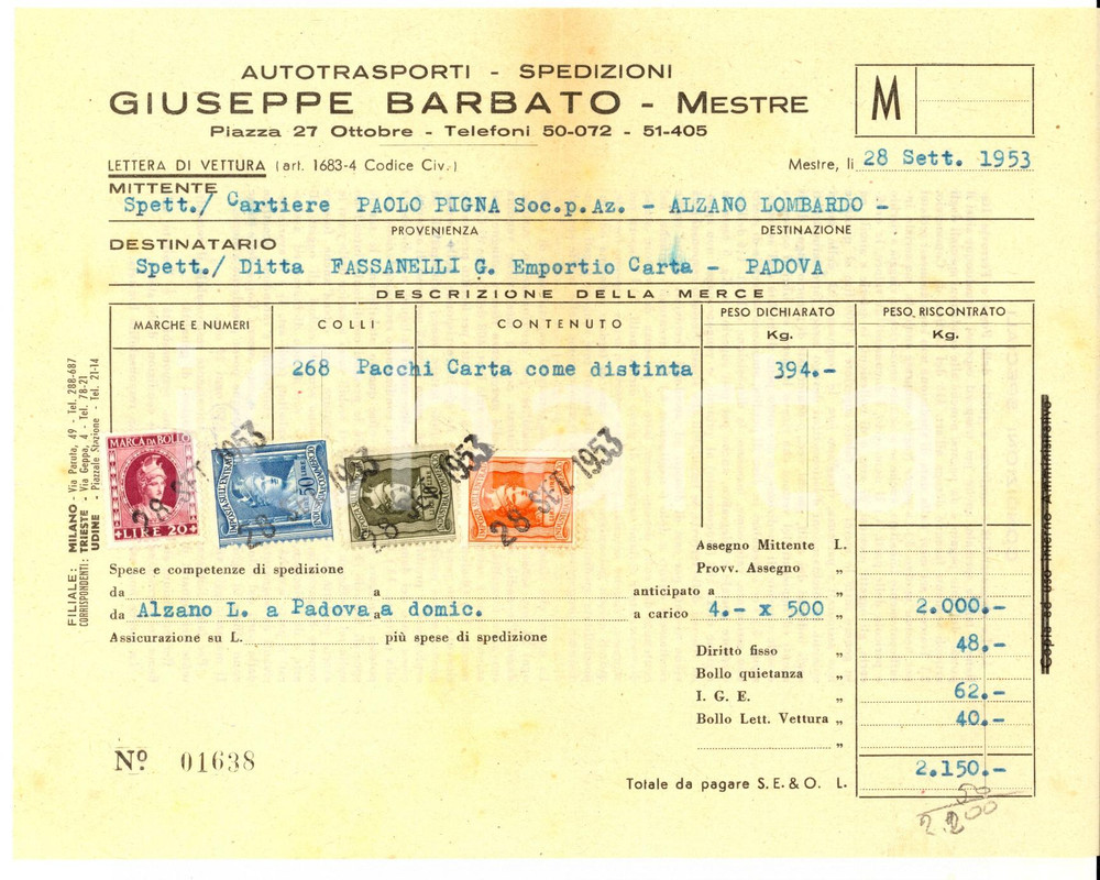 Documento originale, autentico 1953 MESTRE VE Autotrasporti Giuseppe BARBATO Lettera di vettura con bolli 1