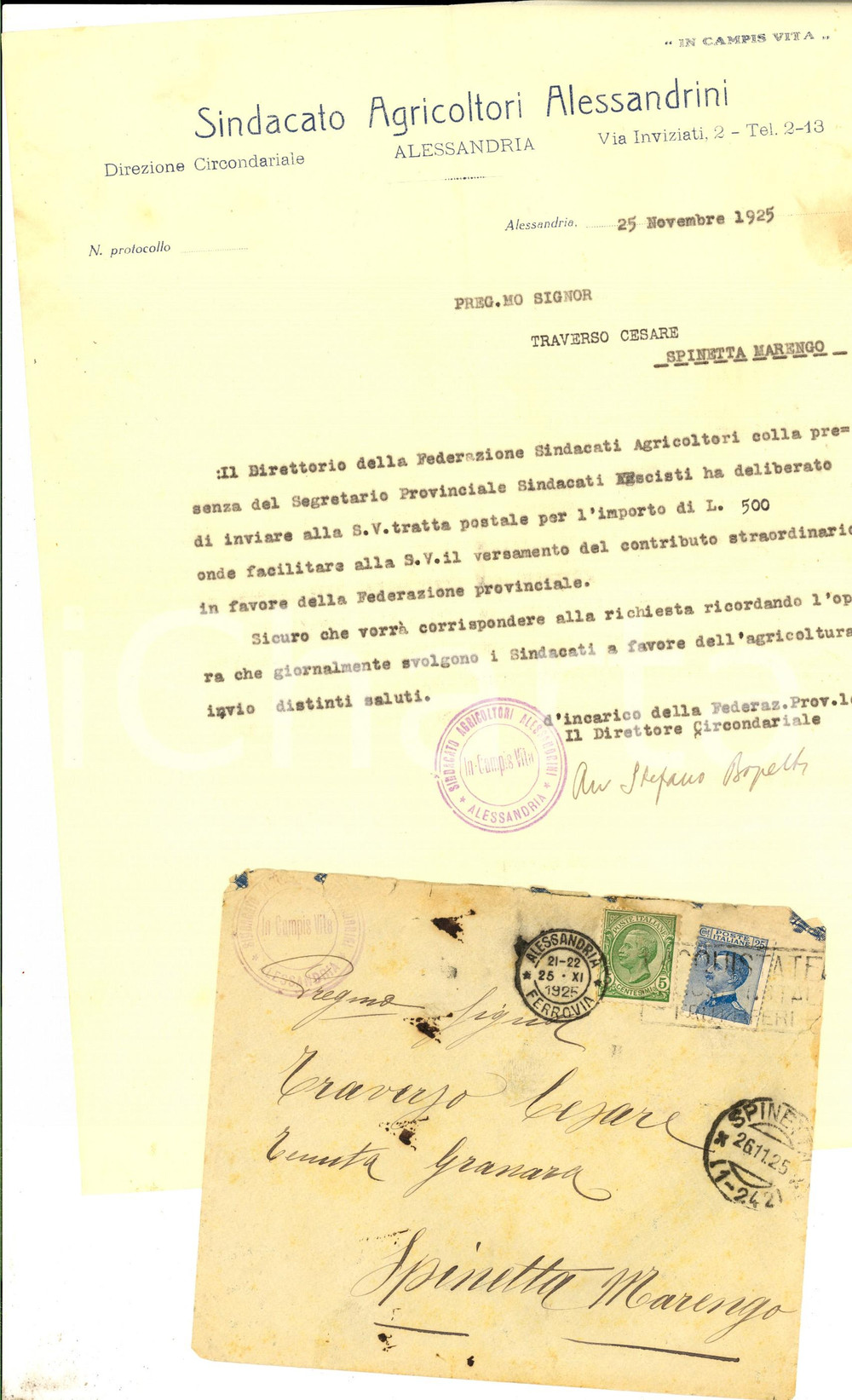 Manoscritto, lettera originale 1925 ALESSANDRIA Sindacato Agricoltori Lettera a Cesare TRAVERSO per contributo 1