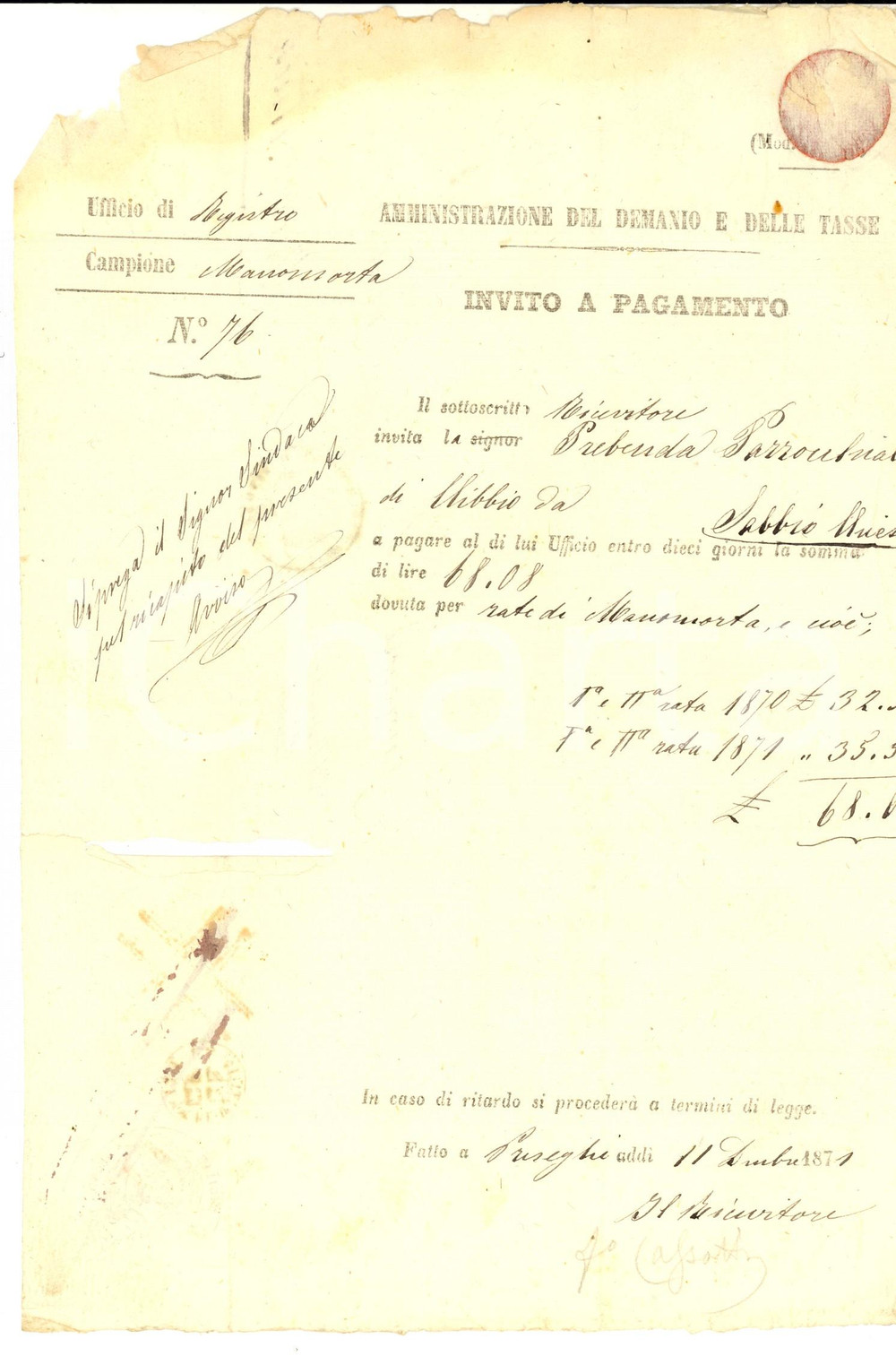 Documento originale, autentico 1871 CLIBBIO/ SABBIO CHIESE BS Invito a pagamento per rate di manomorta 1