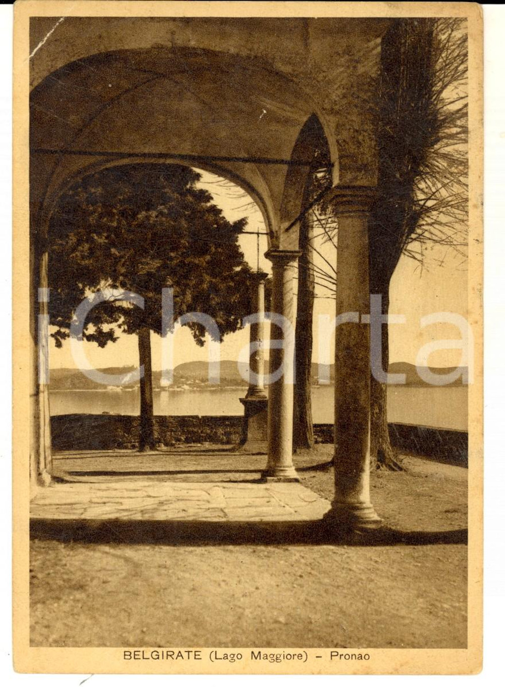 Cartolina originale da collezione 1951 BELGIRATE VB Pronao e veduta del Lago MAGGIORE Cartolina postale FG VG 1