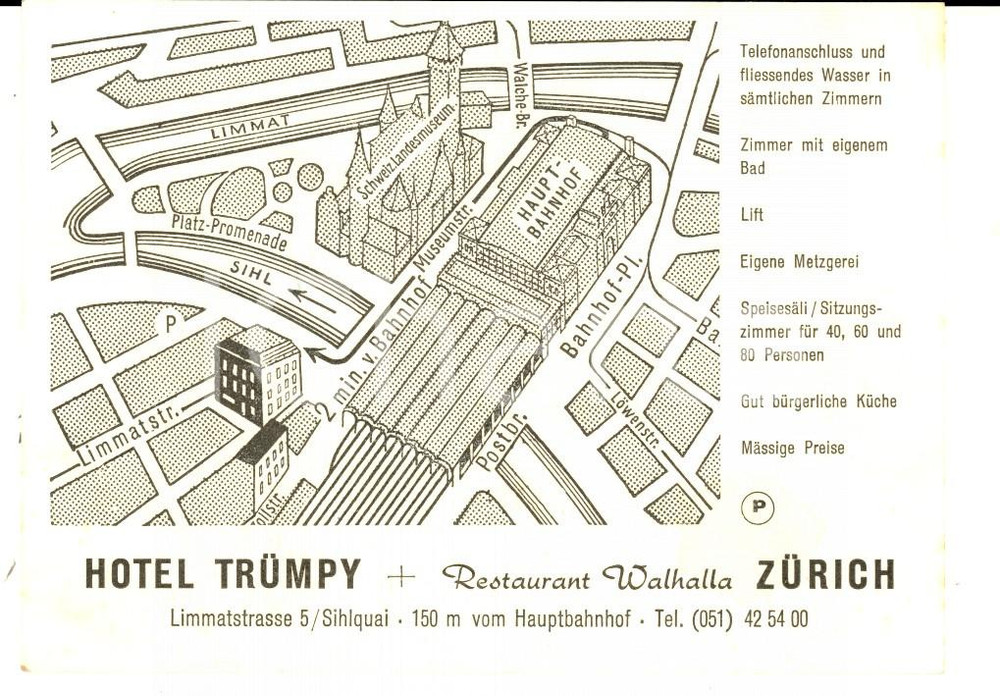 Materiale pubblicitario d’epoca 1950 ca ZURICH Hotel TRUMPY  Restaurant WALHALLA Biglietto pubblicitario 12x9 1