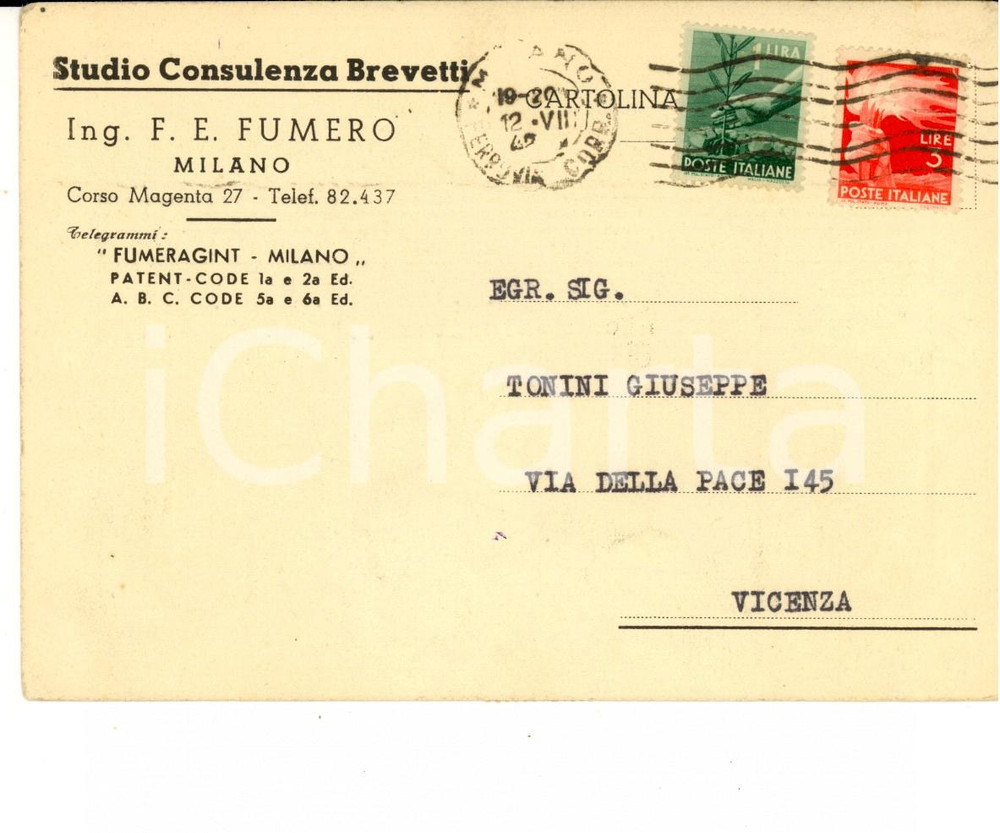 Cartolina originale da collezione 1947 MILANO Studio Consulenza Brevetti ing. FUMERO Cartolina intestata 1