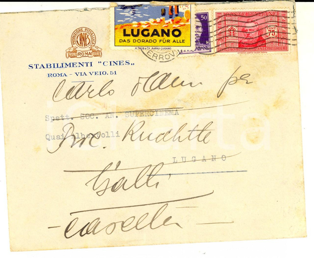 Cartolina originale da collezione 1940 ca STORIA POSTALE ROMA Busta Stabilimenti CINES Chiudilettera LUGANO 1