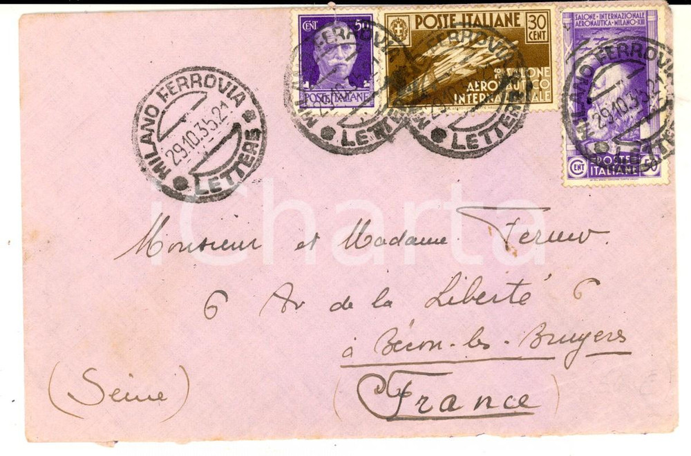 Cartolina originale da collezione 1935 STORIA POSTALE Busta MILANO per la Francia 50+ 30 cent. SALONE AERONAUTICO 1