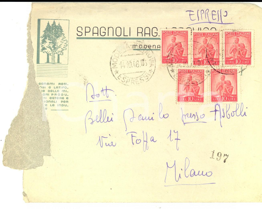 Cartolina originale da collezione 1948 STORIA POSTALE  MODENA Busta rag. Lodovico SPAGNOLI Striscia da 5 L. 10 1