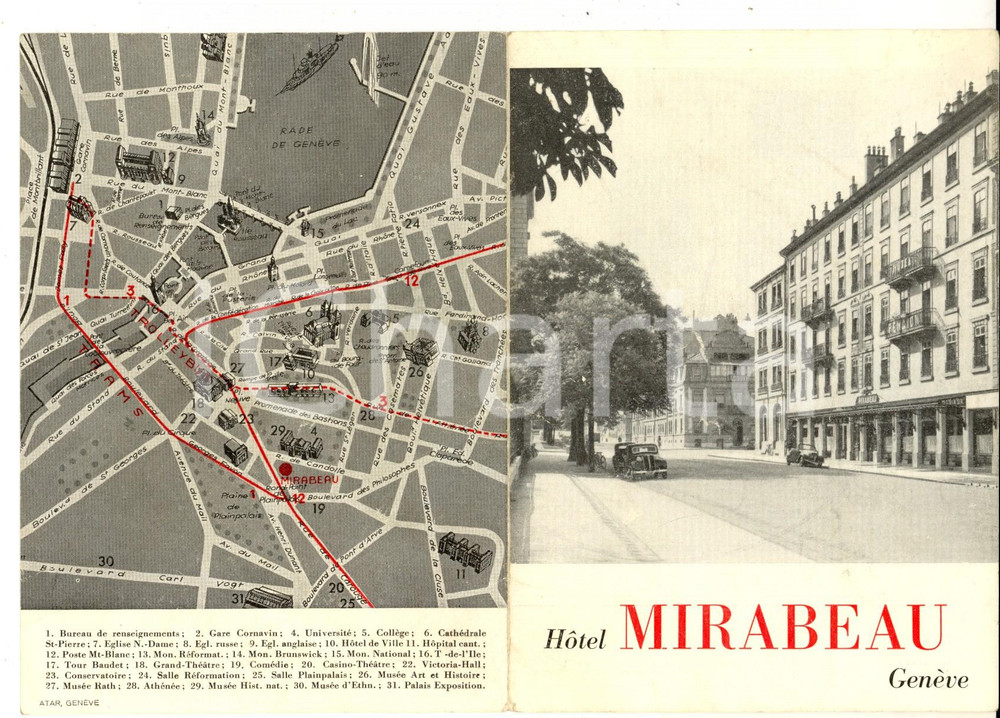 Materiale pubblicitario d’epoca 1940 ca GENEVE HOTEL MIRABEAU  Dépliant publicitaire ILLUSTRE  VINTAGE 1