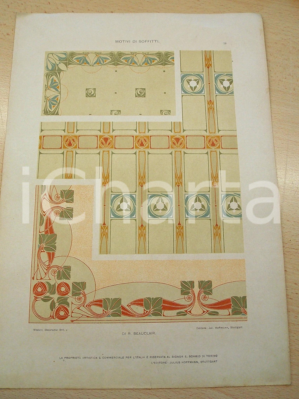 1910 ca R. BEAUCLAIR Motivi di soffitti *Tavola 25x35 cm da "MODELLI DECORATIVI"