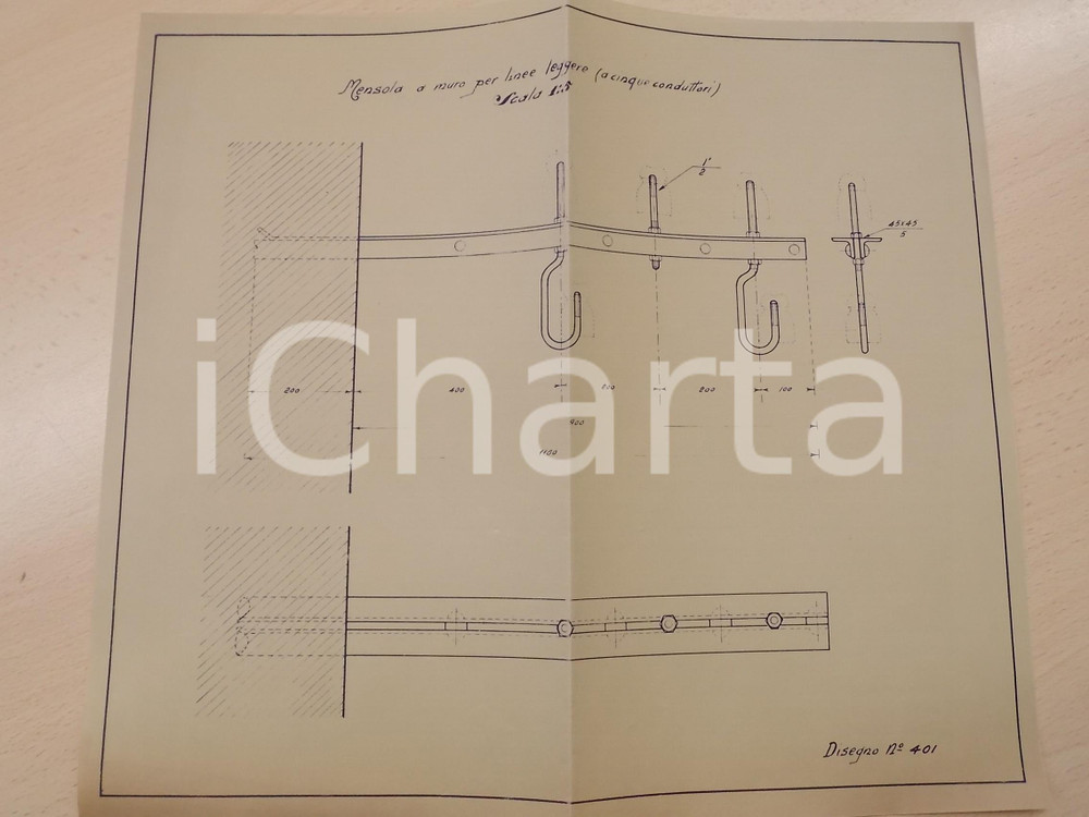 Stampa, bozzetto originale 1930 ca INGEGNERIA Mensola a muro per linee leggere a 5 conduttori Progetto 1
