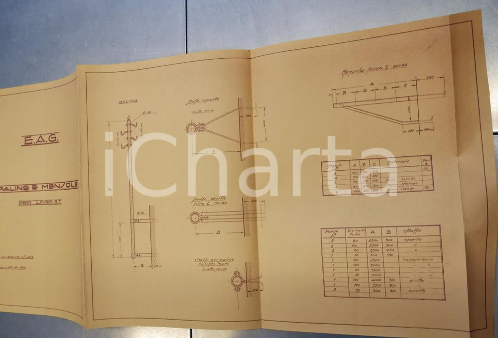 Stampa, bozzetto originale 1929 VERONA E.A.G. Paline e mensole per linee a bassa tensione Progetto 60x30 1