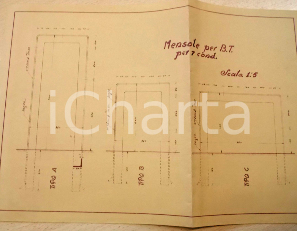 Stampa, bozzetto originale 1929 VERONA E.A.G. Mensole per bassa tensione  7 conduttori Progetto 38x25 1