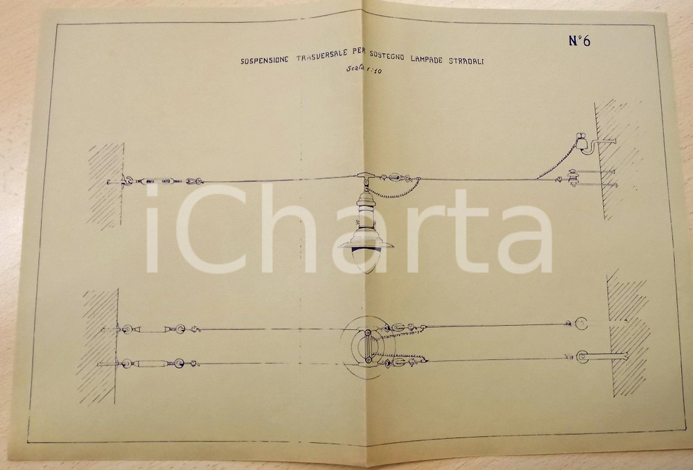 Stampa, bozzetto originale 1930 ca INGEGNERIA Sospensione per sostegno lampade stradali Progetto 40x27 1