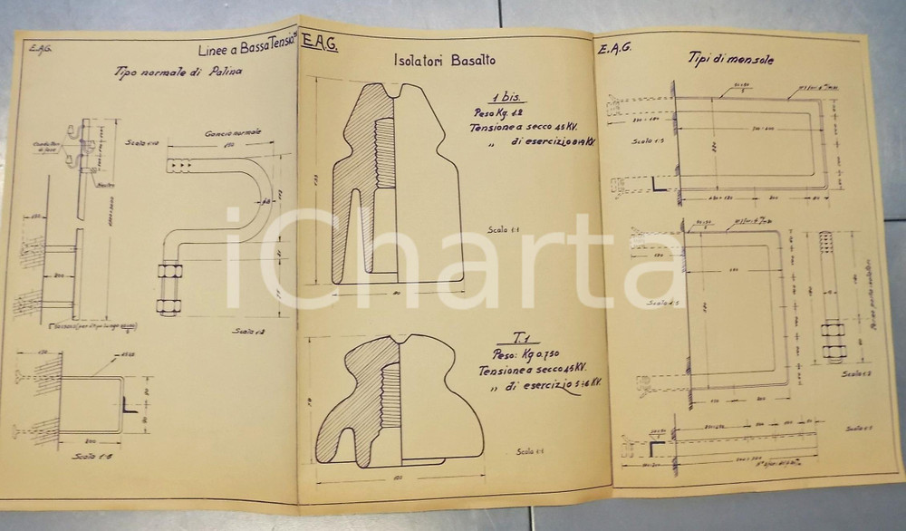 1929 VERONA E.A.G. Linee a bassa tensione - palina e isolatori *Progetto 60x30