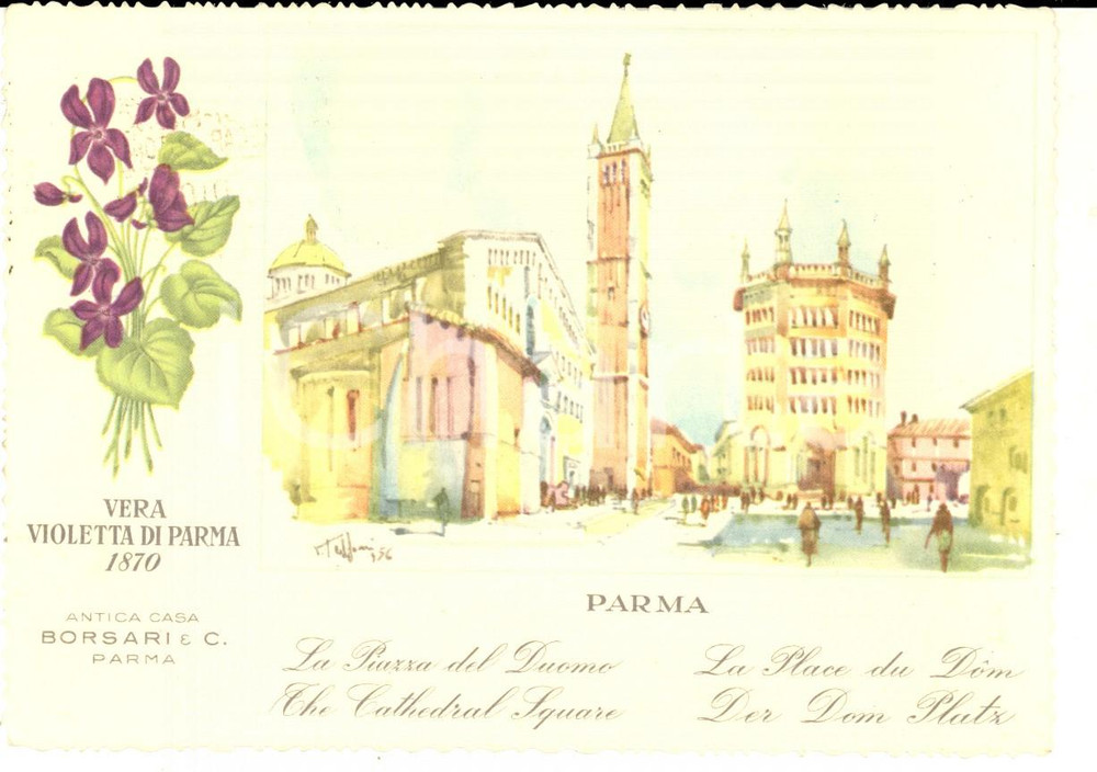 Materiale pubblicitario d’epoca 1960 PARMA Piazza del Duomo Cartolina Violetta di Parma BORSARI ILLUSTRATA 1