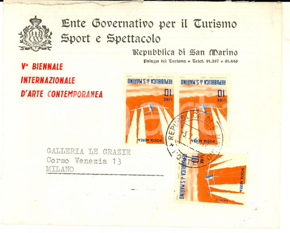 Cartolina originale da collezione 1965 STORIA POSTALE SAN MARINO Busta V Biennale Arte Contemporanea POSTA AEREA 1