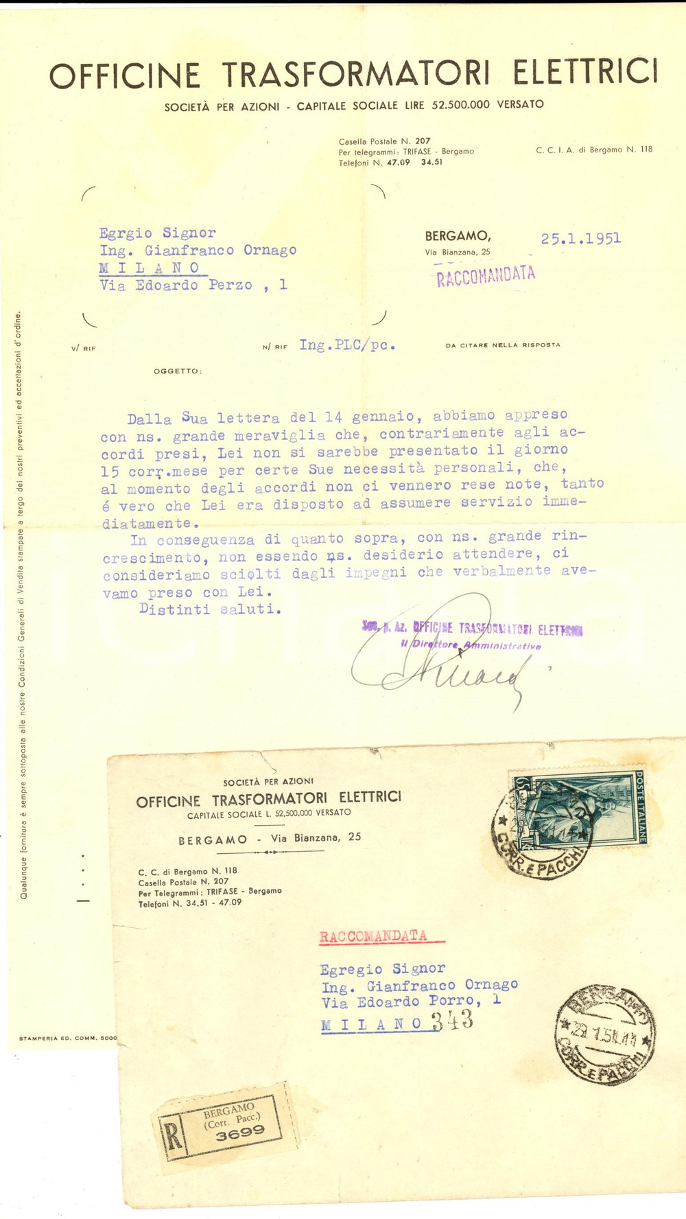 Manoscritto, lettera originale 1951 BERGAMO Officine TRASFORMATORI ELETTRICI Lettera professionale 1
