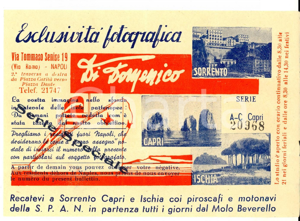 Materiale pubblicitario d’epoca 1930 ca NAPOLI Studio fotografico DI DOMENICO  Volantino pubblicitario VINTAGE 1