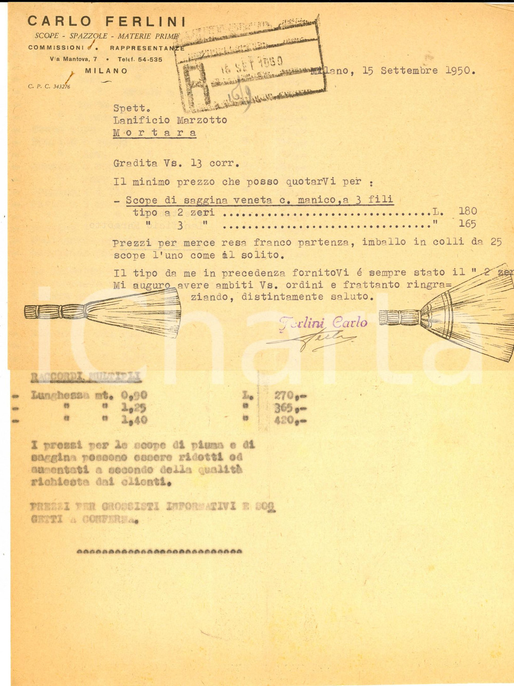 Documento originale, autentico 1950 MILANO Ditta Carlo FERLINI Scope e spazzole Preventivo intestato 1