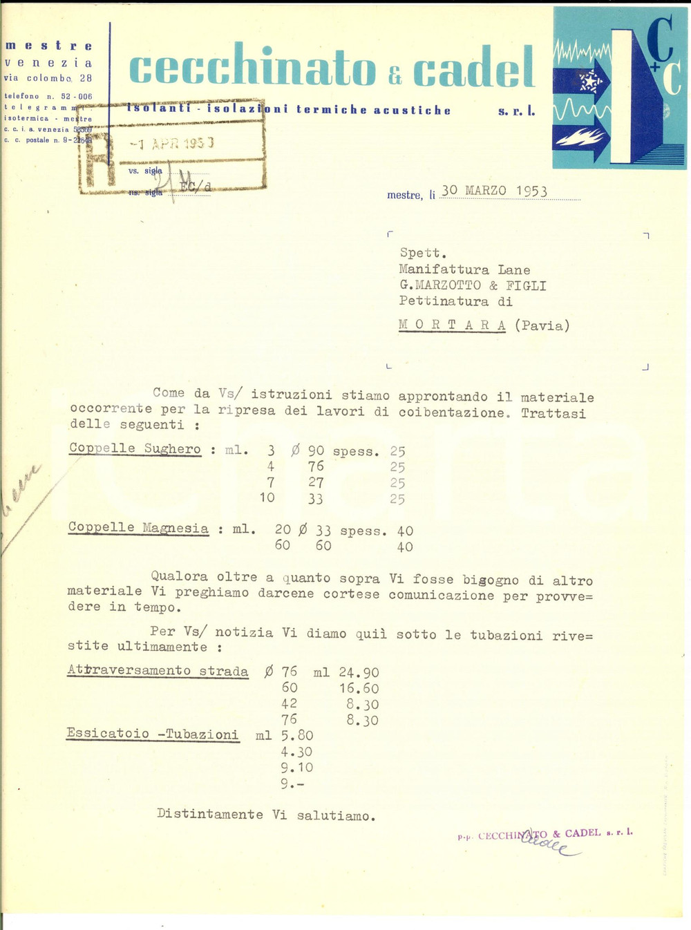 Manoscritto, lettera originale 1953 MESTRE Ditta CECCHINATO & CADEL Isolanti  Preventivo per coppelle 1
