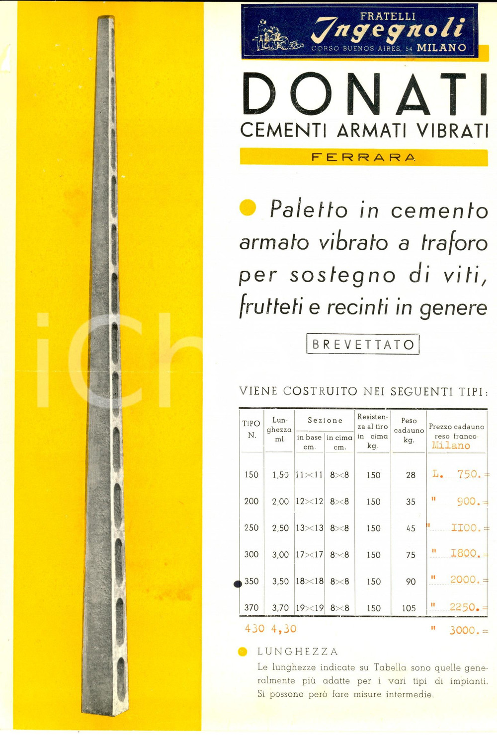 Materiale pubblicitario d’epoca 1950 ca FERRARA Ditta DONATI Cementi armati vibrati Volantino pubblicitario 1