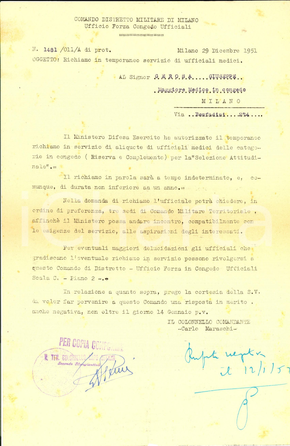 Manoscritto, lettera originale 1951 MILANO DISTRETTO MILITARE Richiamo in servizio di ufficiali medici 1