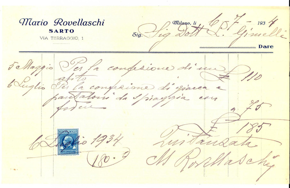 Documento originale, autentico 1934 MILANO Sarto Mario ROVELLASCHI  Fattura per confezione di un abito 1
