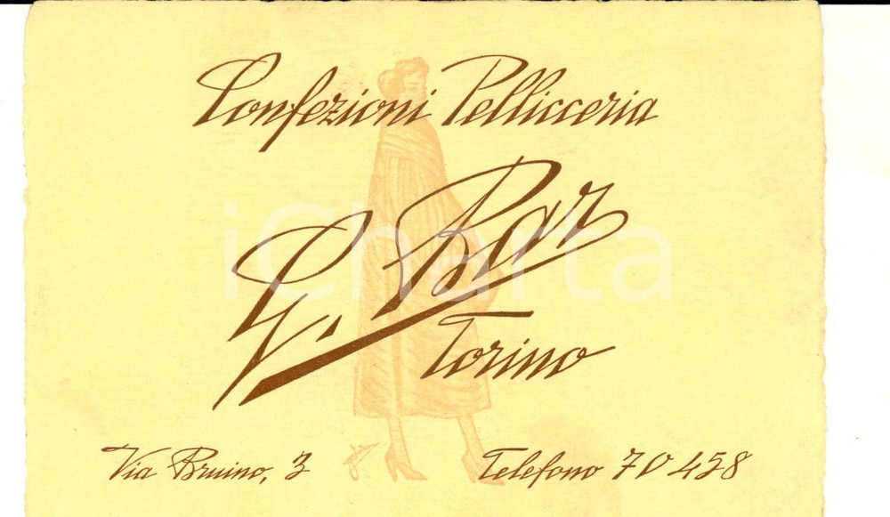 Materiale pubblicitario d’epoca 1950 ca TORINO Confezioni pellicceria G. BAR  Cartoncino pubblicitario 1