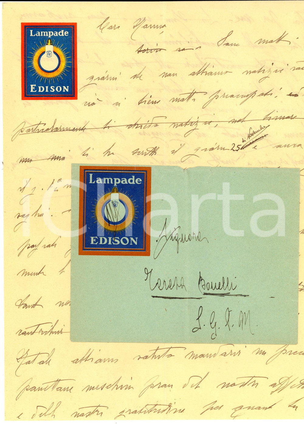 Manoscritto, lettera originale 1940 ca MILANO Lettera a Teresa BONELLI su carta intestata LAMPADE EDISON 1