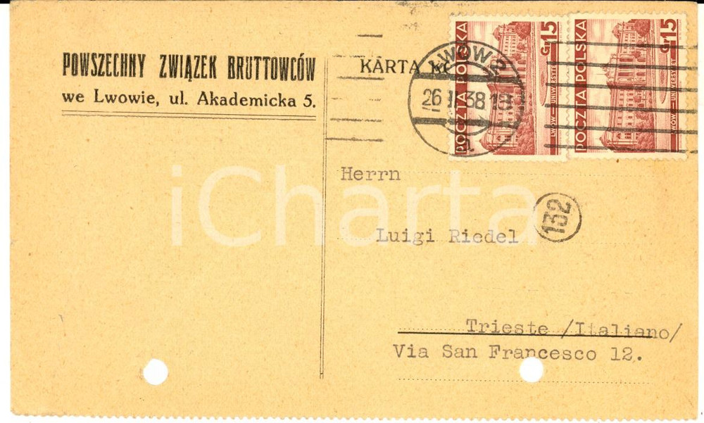 Cartolina originale da collezione 1938 LWOW POLAND Powszechny Zwiazek Bruttowcow Cartolina commerciale FP VG 1