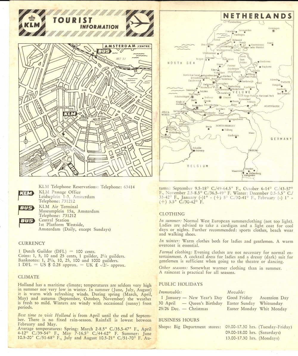 Materiale pubblicitario d’epoca 1961 KLM NETHERLANDS Tourist informations Pieghevole VINTAGE 12 facciate 1
