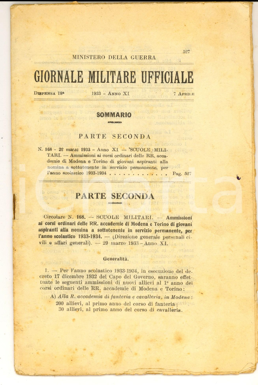 Documento originale, autentico 1933 GIORNALE MILITARE UFFICIALE Ammissione accademie militari  Dispensa 18 1