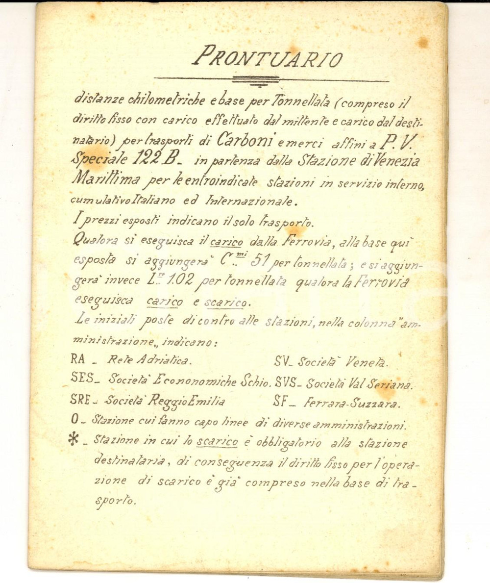 Documento originale, autentico 1900 ca FERROVIE DEL REGNO Prontuario distanze per trasporto merci da VENEZIA 1