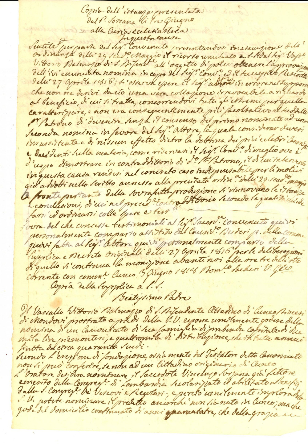 Manoscritto, lettera originale 1818 CUNEO Istanza padre Vincenzo SORSANA per beneficio ecclesiastico DALMAZZO 1