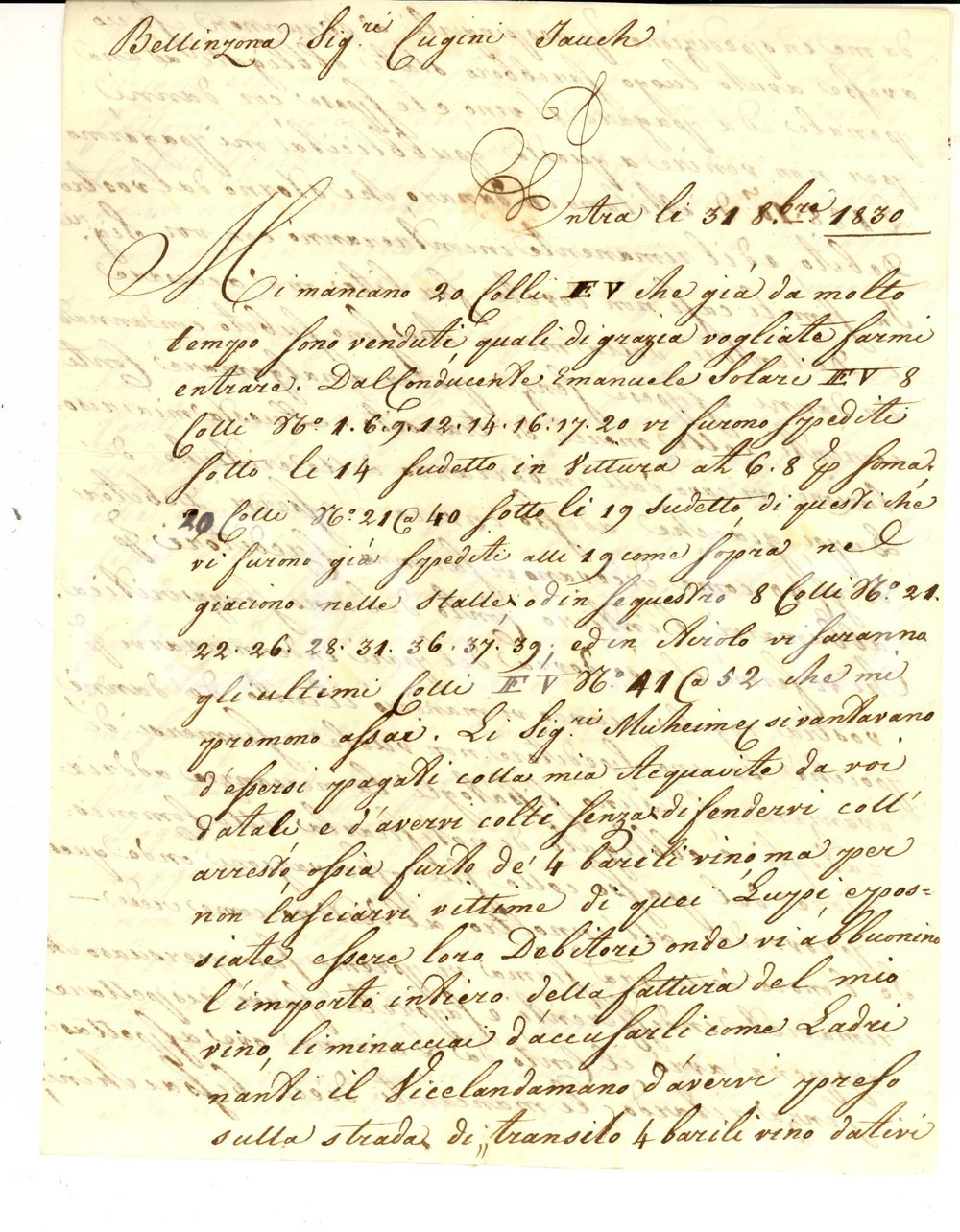 Manoscritto, lettera originale 1830 VERBANIA INTRA Carlo Giuseppe MAZZOLA VANZINA su truffa di vino e liquore 1