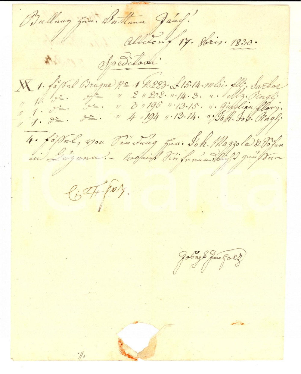 Manoscritto, lettera originale 1830 ALTENDORF Lettera Joseph IMHOLZ per spedizione a cugini TAUCH di BELLINZONA 1