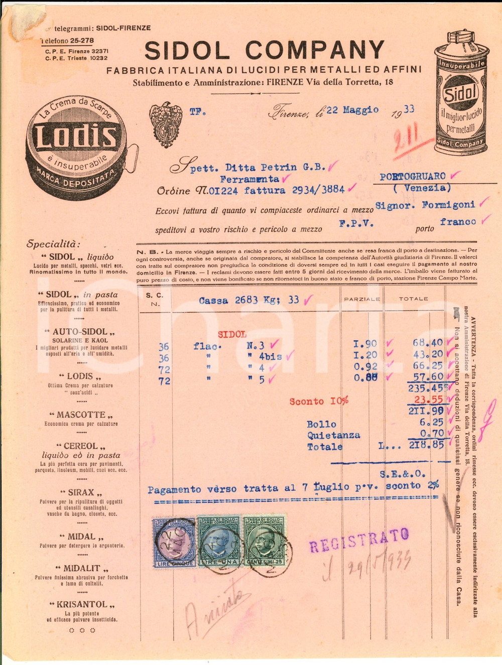 Documento originale, autentico 1933 FIRENZE SIDOL Company  Lucidi per metalli ed affini Fattura 1