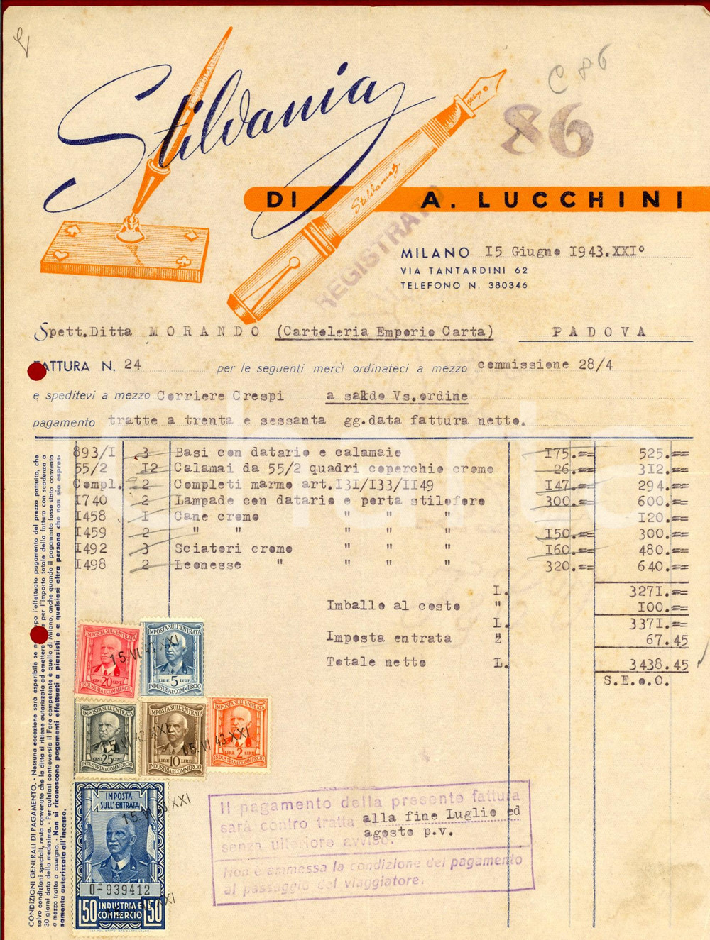 Documento originale, autentico 1943 MILANO Ditta STILVANIA di A. LUCCHINI Fattura intestata con bolli 1