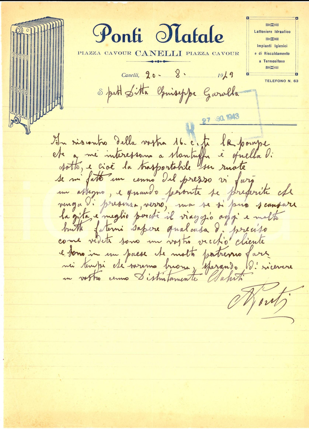 Documento originale, autentico 1943 CANELLI Natale PONTI Lattoniere idraulico  Lettera per trasporto merce 1