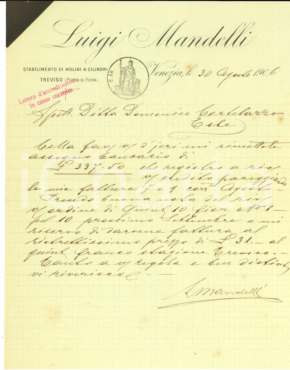 Documento originale, autentico 1906 VENEZIA Luigi MANDELLI stabilimento molini a cilindri  Lettera commerciale 1