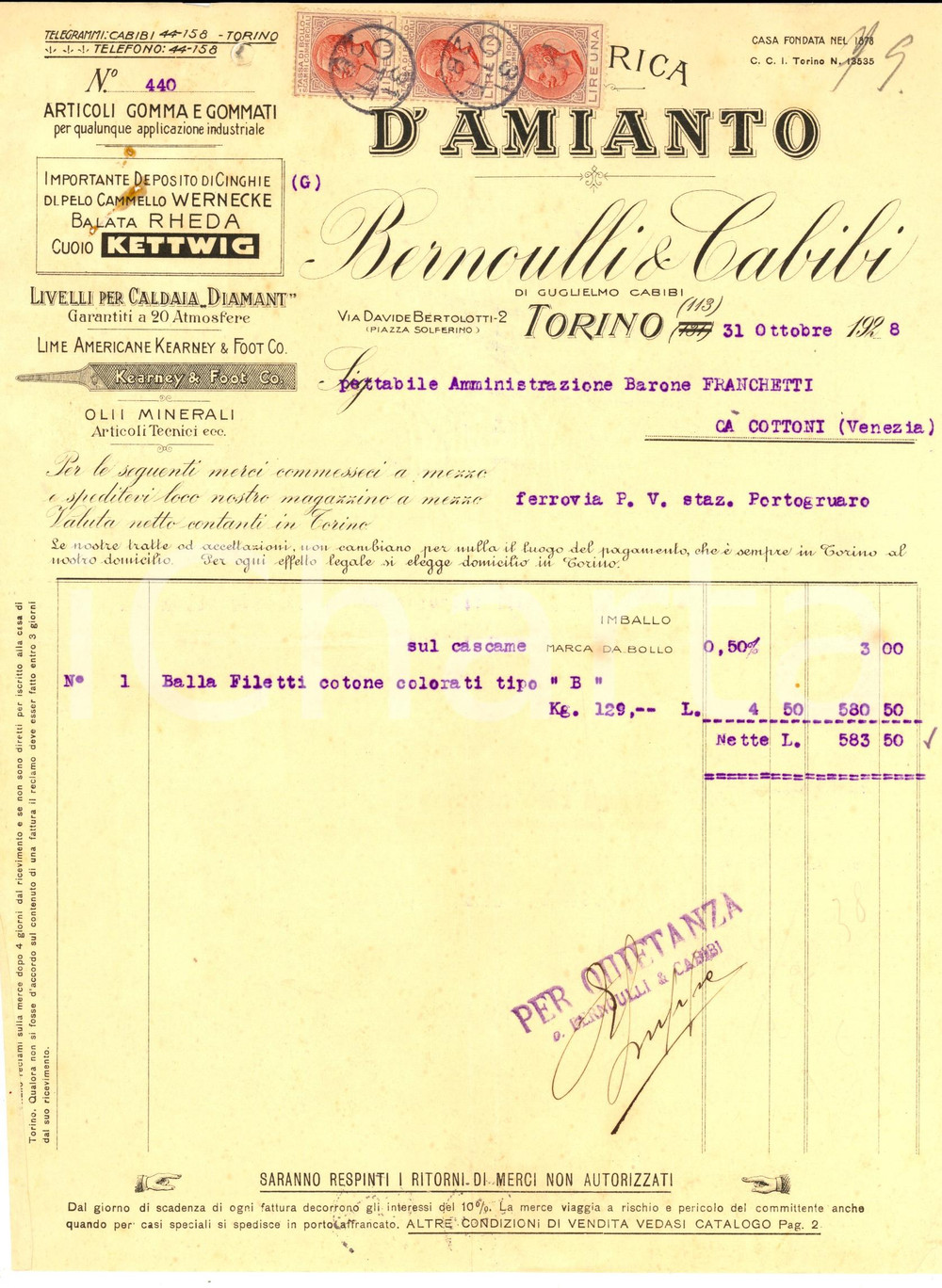 Documento originale, autentico 1928 TORINO Fabbrica d amianto BERNOULLI & CABIBI Fattura per filetti cotone 1