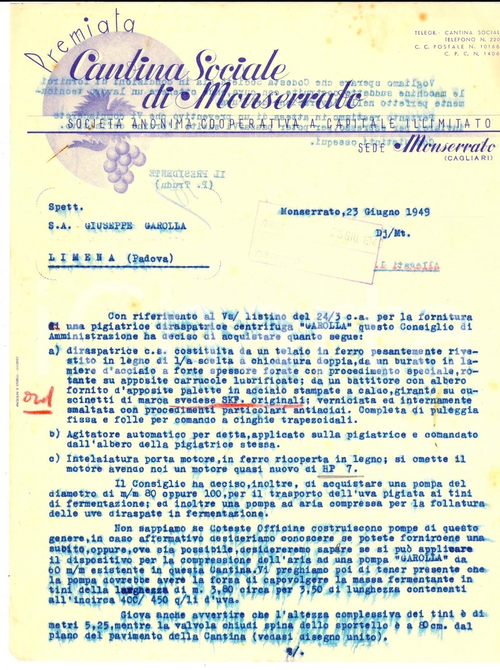 Documento originale, autentico 1949 MONSERRATO CA Premiata Cantina Sociale Richiesta preventivo attrezzature 1